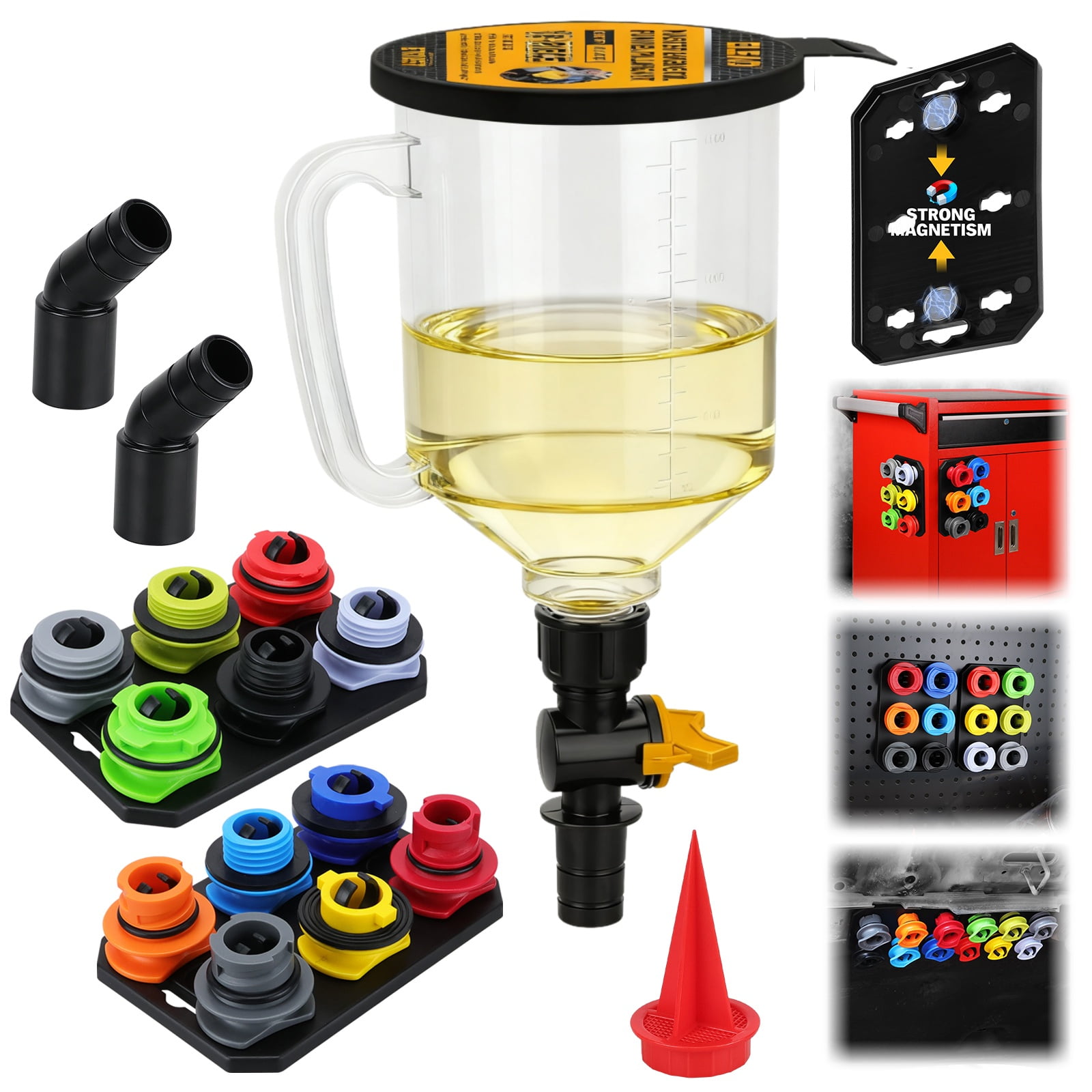 18-Piece No Spill Engine Oil Funnel Kit 1.5L Coolant Funnel Set with 12 Adapters Elbow Fitting Filter Screen & Magnetic Tray Compatible with GM Ford BMW Audi Land Rover