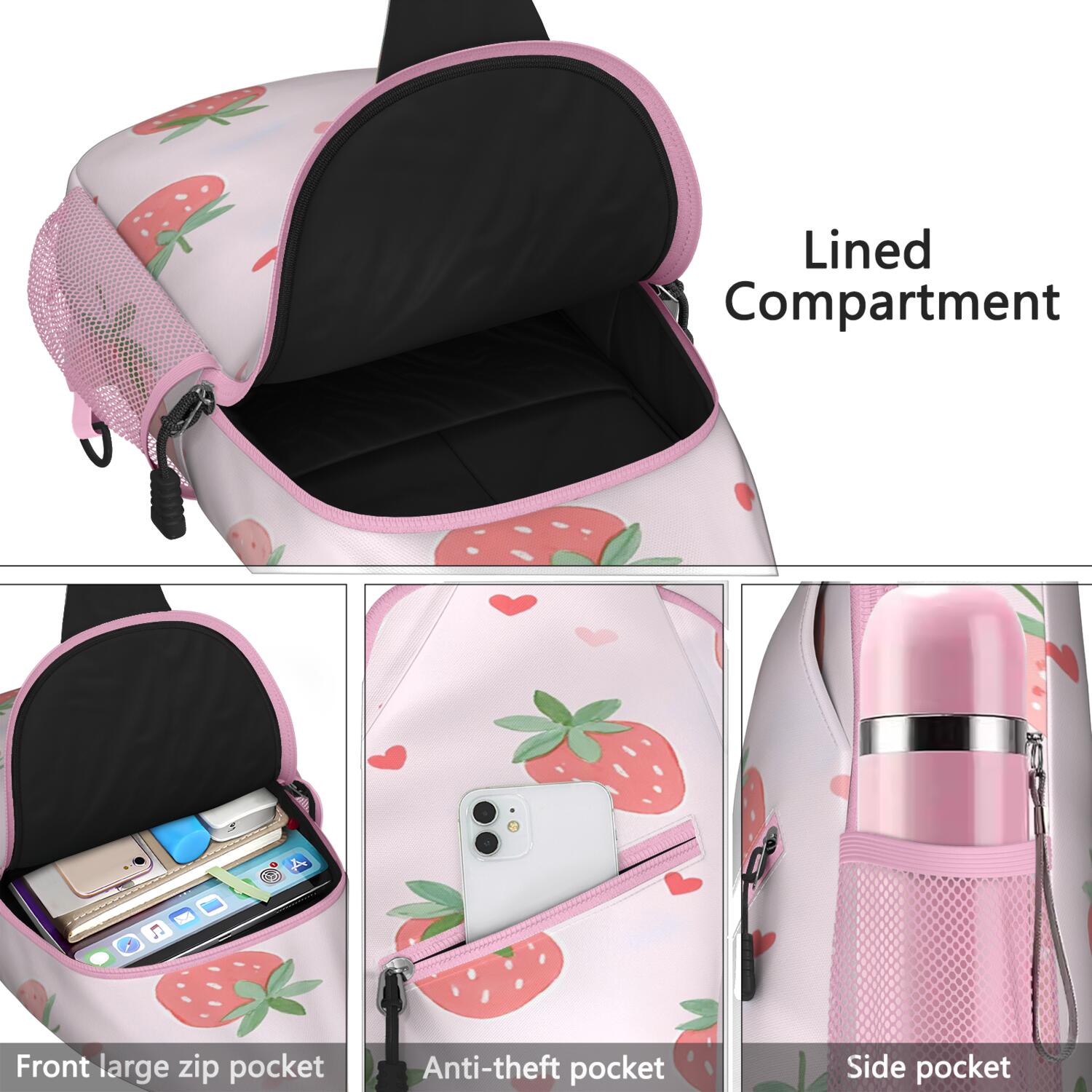 Strawberry Crossbody Sling Bag for Women Men Travel Bag Trendy Sling Backpack AntiTheft Sling Shoulder Bag