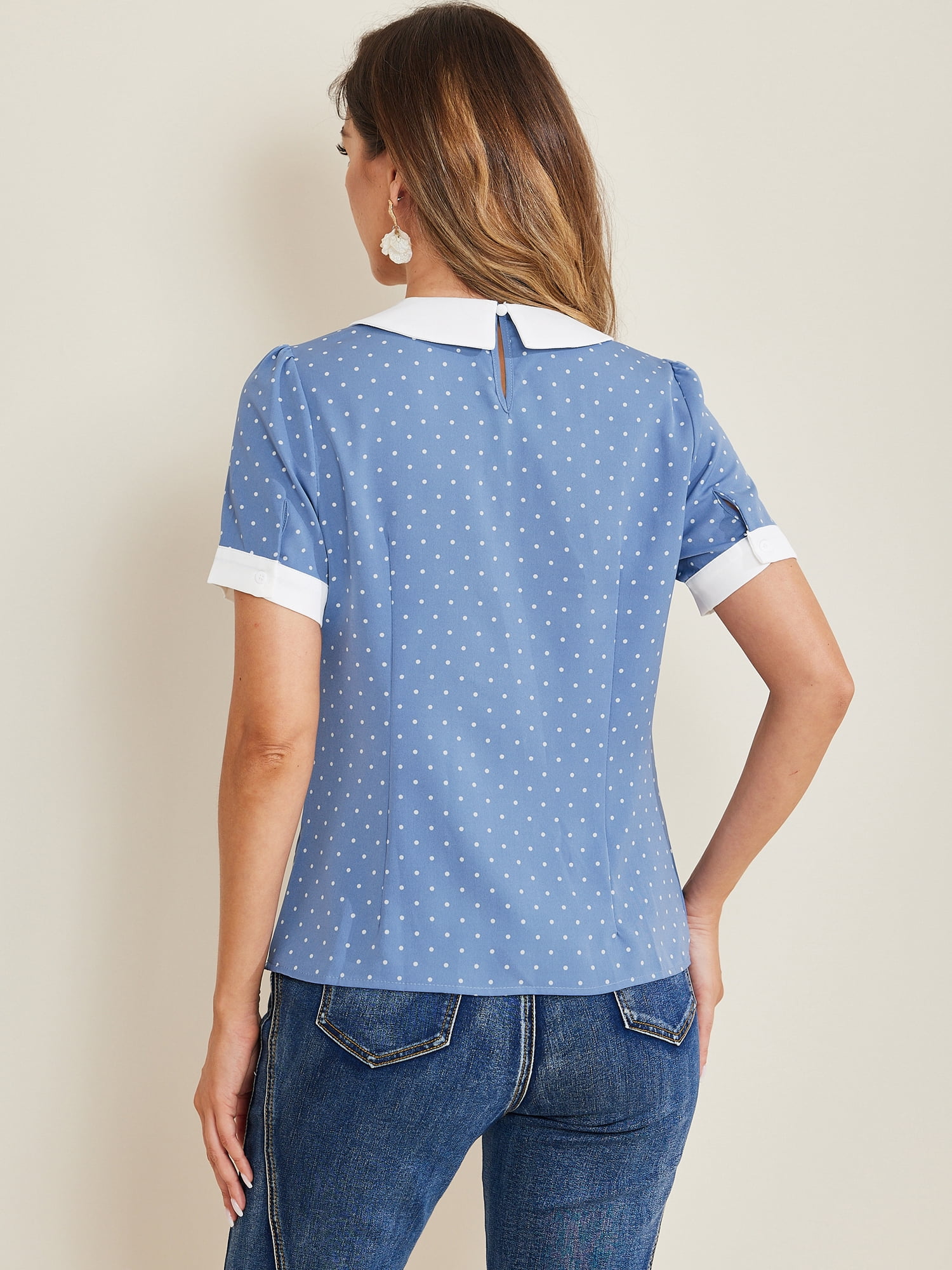DARING DIVA Women's Peter Pan Collar Polka Dots Short Sleeve Tops M Dusty Blue