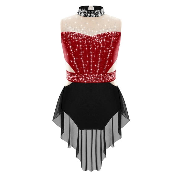 TSSOE Kids Girls Lyrical Dance Costume Mock Neck Sleeveless Skirted Leotard Figure Skating Dress Burgundy&Black 12