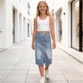 thumbnail image 4 of FRSASU Girl's Long Denim-Skirt Vintage Solid A-Line Slim Slit Jean Skirts High Waist Stretch Midi Denim Skirts with Pockets Blue-A, 4 of 8