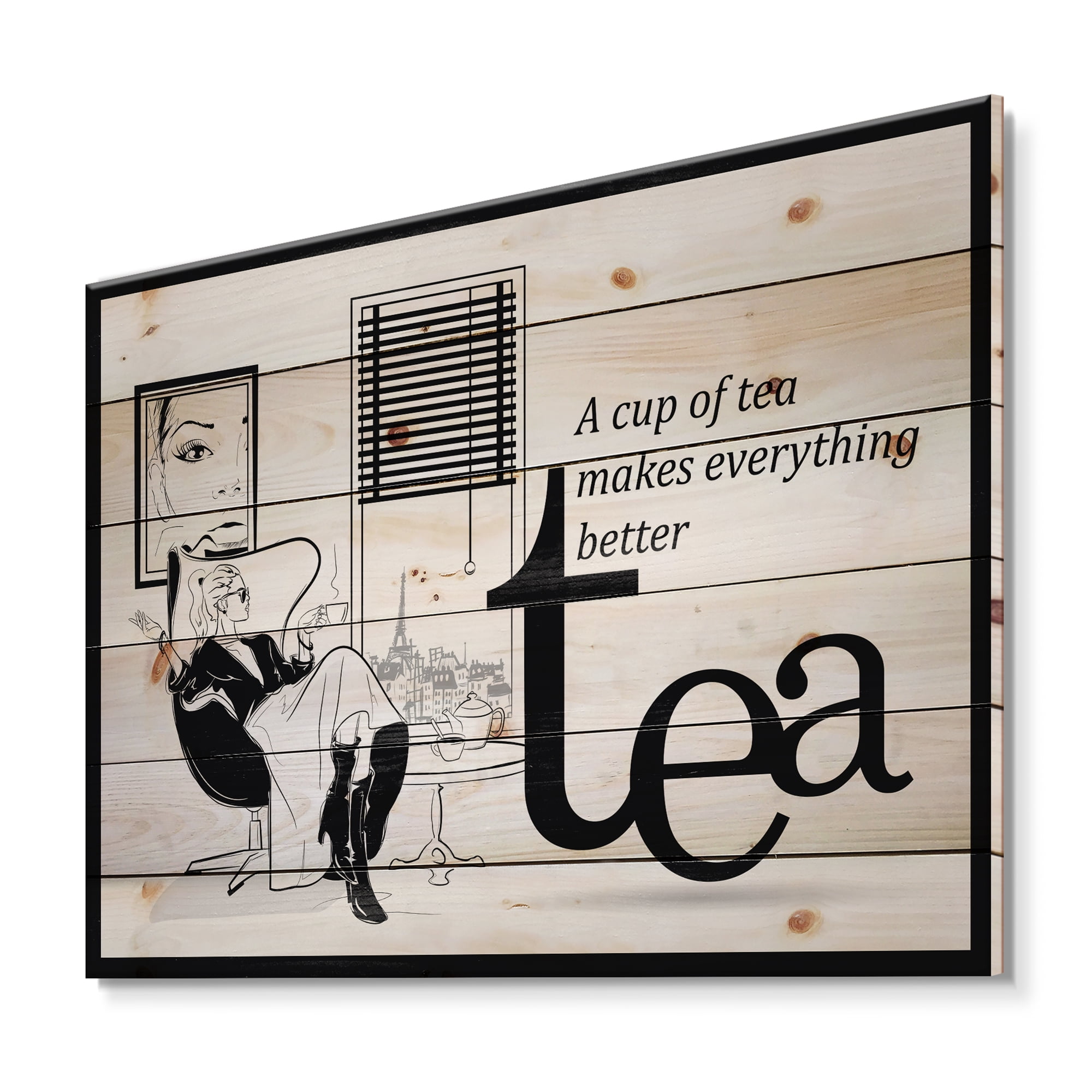 Designart 'Ancient Fashion Girl Drinking A Cup Of Tea' Vintage Print on Natural Pine Wood