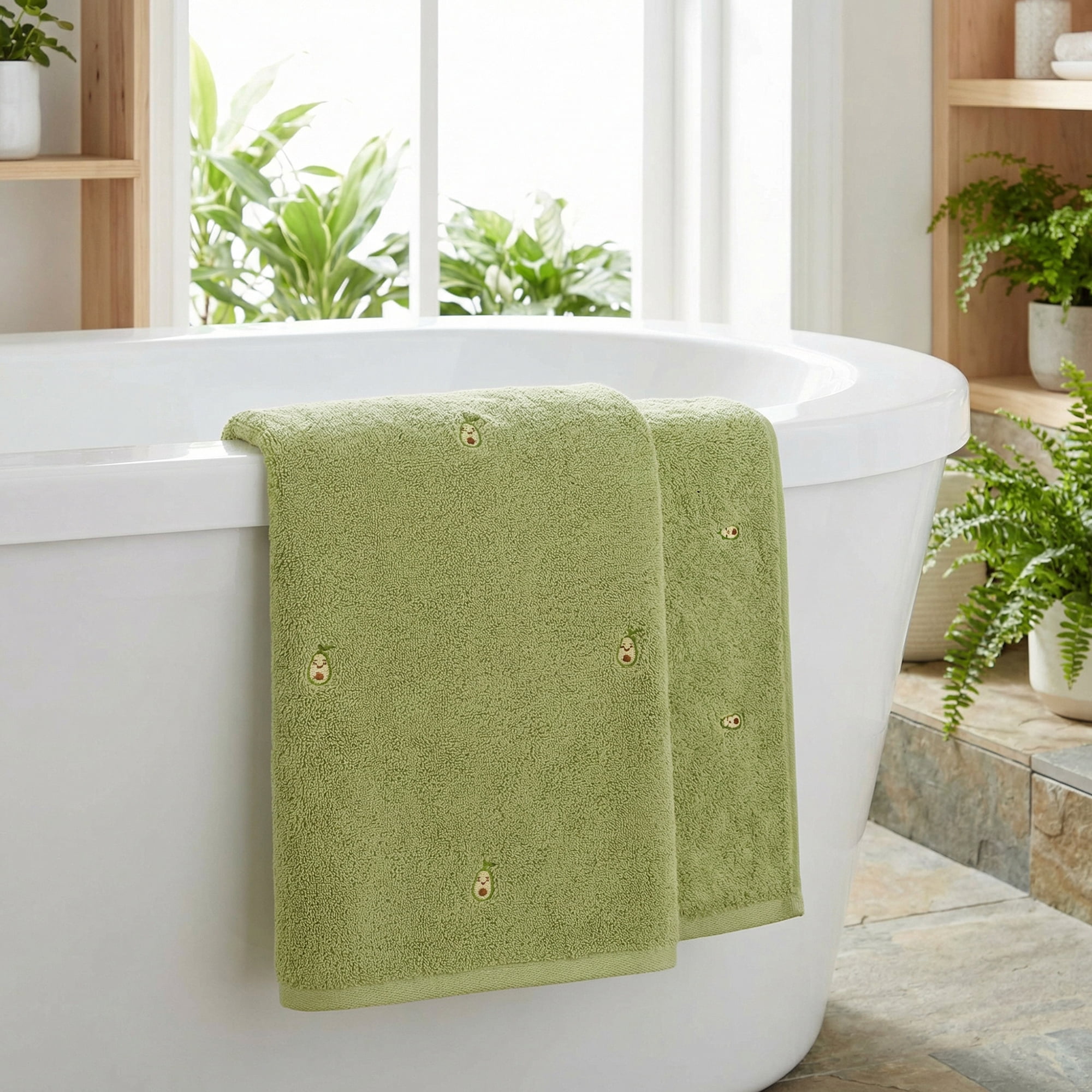 Unique Bargains Absorbent Cotton Bath Towel 2 Pack Avocado Green 55"x28"