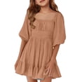 thumbnail image 2 of CCRFTGI Summer Dresses for Children Girls 10-12 Casual Dress Tie Backless Square Neck Ruffle Elastic Waist Birthday A-Line Mini Dress Khaki 12-13 Years, 2 of 5