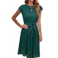 thumbnail image 3 of HUBER Women Round Neck 1/4 Sleeve Pleated Solid Color Tie Waist Dress, 3 of 7