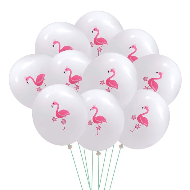 KAKOWELY Juego de 10 globos de flamenco de 12 pulgadas con estampado hawaiano de verano, globos de látex con cinta rosa para decoración de fiestas de cumpleaños y bodas.