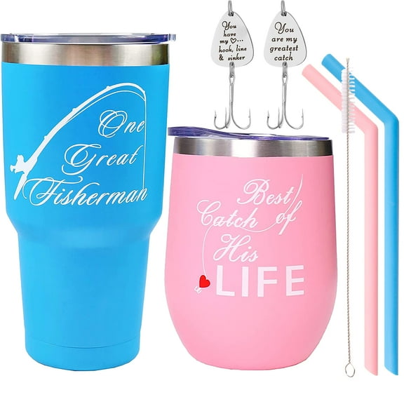 DORADREAMDEKO Pink/Blue Fisherman Tumbler & Mug Set - Perfect Couples Gift for Wedding, Anniversary, or Christmas