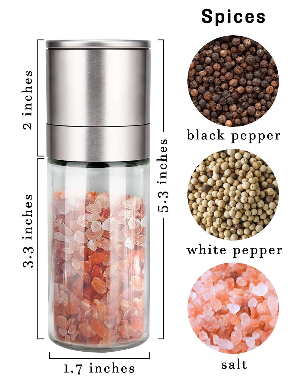 Salt and Pepper Grinder Set Refillable Adjustable Coarseness Stainless Steel Ceramic Rotor Kitchen Spice Mill