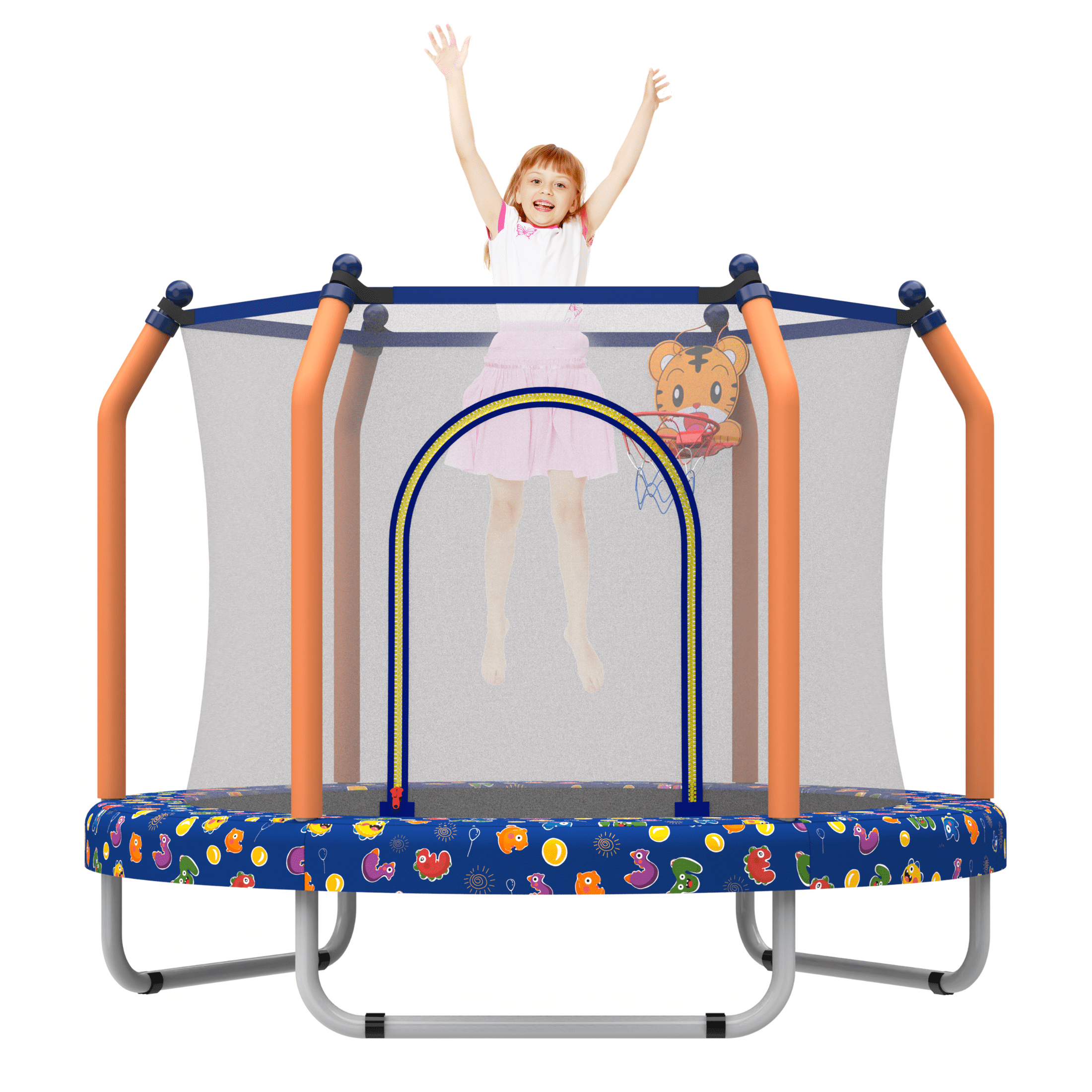 55" Toddler Trampoline with Enclosure Net, SHINPT Child's Mini Trampoline with Basketball Hoop, Round Recreational Tranpolines for Birthday Gifts, Kids Trampoline for Aged 3-6, Indoor & Outdoor