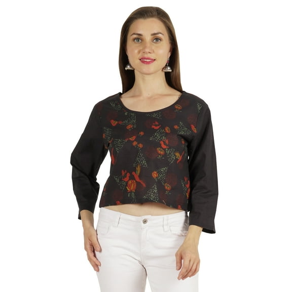 Moomaya Printed Womens Crop Top 3/4 Sleeve Button Up Round Neck Tunic Blouse