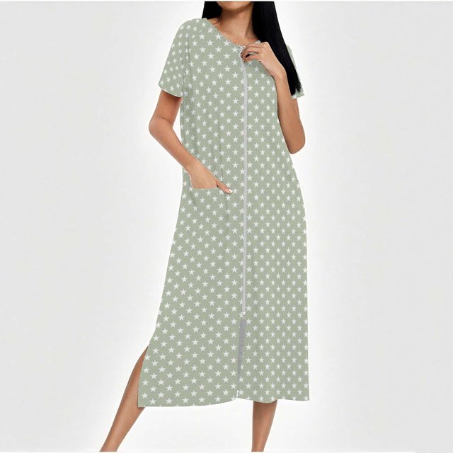 Camisón largo con cremallera para mujer, bata de punto, largo completo, color degradado, con bolsillos