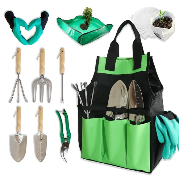 Ensemble d'Outils de Jardin de 10 Pcs, Outils à Main de Jardinage en Acier Inoxydable Robustes avec Tapis de Rempotage et Sacs de Culture, Ensemble d'Outils de Jardinage avec Jardin Durable