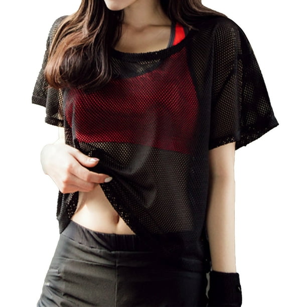 Top de malla para mujer, camiseta de malla holgada de secado rápido de manga corta para verano, Fitness, Yoga, ciclismo, negro, M