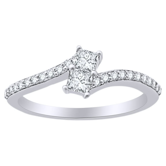 AFFY Princess Cut White Natural Diamond Two Stone Bypass Engagement Ring In 14K Solid White Gold (0.25 Cttw)