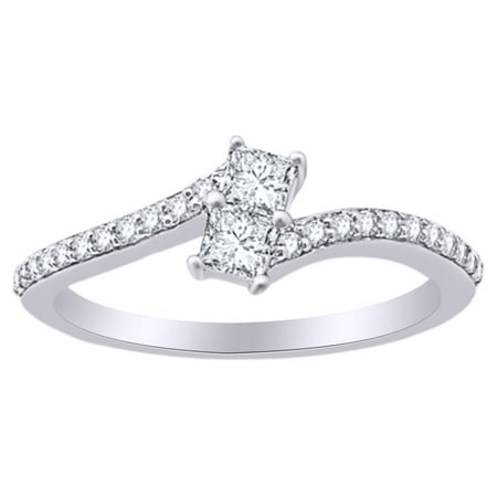 Two Stone Bypass Ring Princess Cut White Natural Diamond Two Stone Bypass Engagement Ring In 14K Solid White Gold (0.25 Cttw) ()