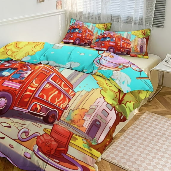 Fire Engine Car Truck Bedding Set with Zipper Closure for Girls & Boys