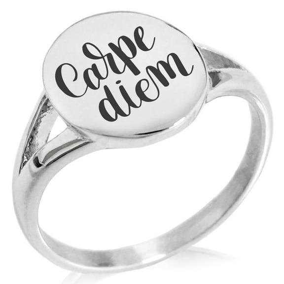 Tioneer Stainless Steel Carpe Diem Calligraphy Minimalist Oval Top Polished Statement Ring