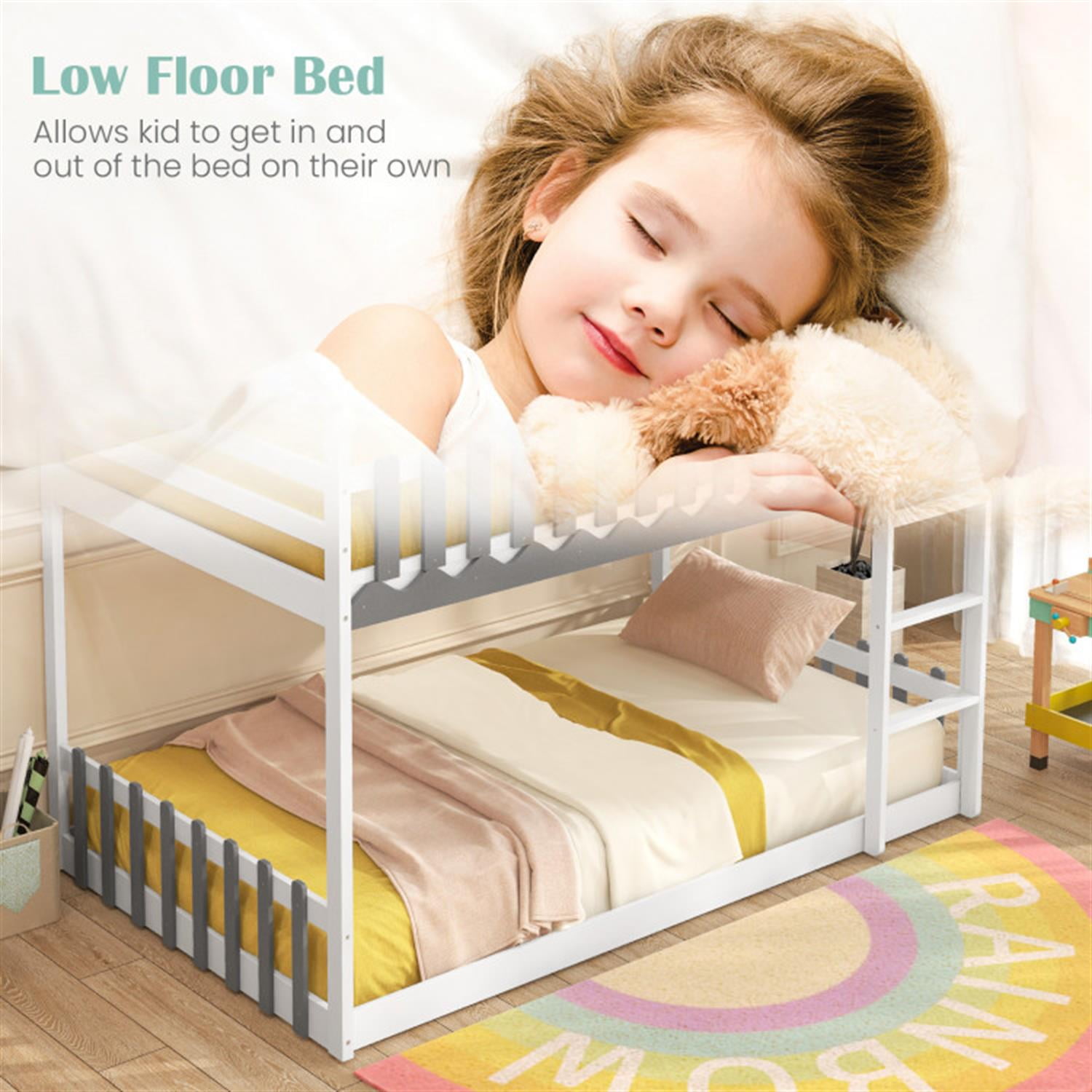 Demi Bonn Twin Over Twin Bunk Bed with Fence and Ladder, Twin Bunk Solid Wood Low Beds, Bed Frame, White