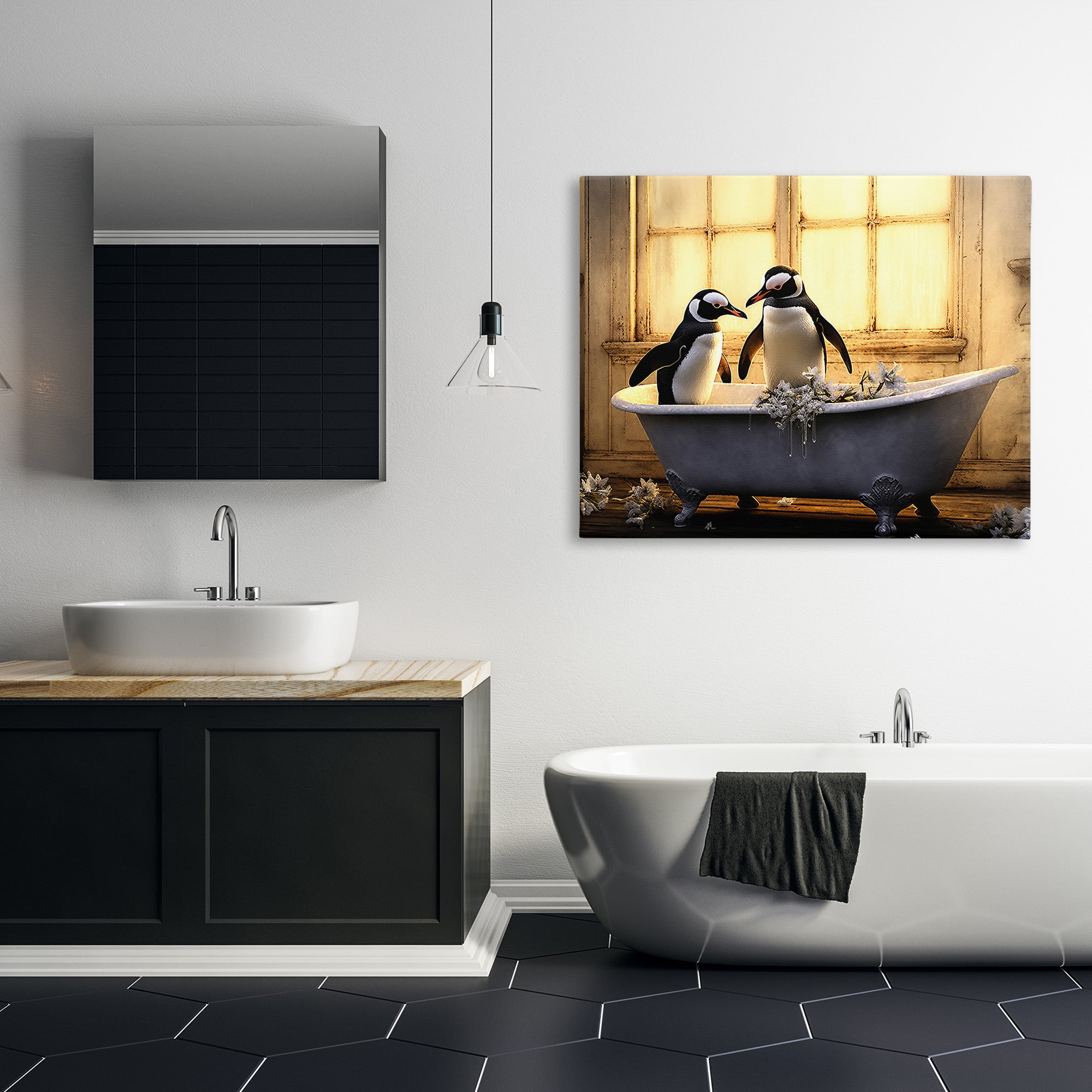 Stupell Industries Penguins in Sunlit Bath Animals & Insects Painting Gallery Wrapped Canvas Art Print Wall Art, 48 x 36
