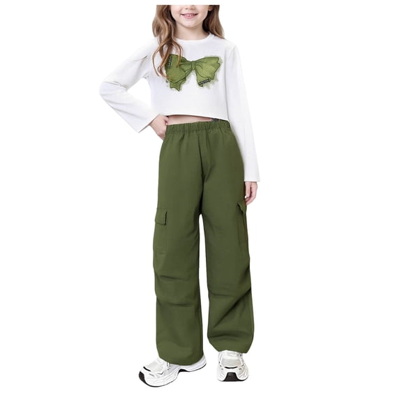 Wxirdiow Girls Outfit Set Girls Clothes 2 Piece Outfit Long Sleeve Top Cargo Pants Girls Fall Spring Outfits AG Size,11-12 Years