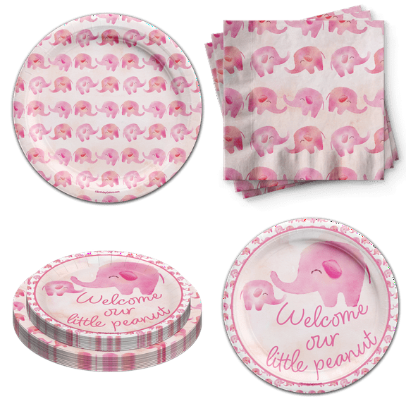 Our Little Peanut Girl Baby Shower Party Supplies - Pink Elephant Baby Shower Tableware Set Includes Plates Napkins | Kit for 24