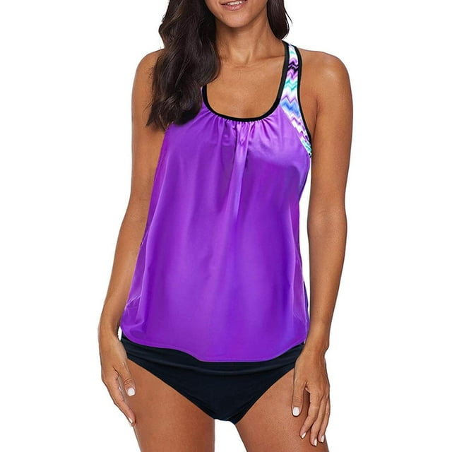 Womens Blouson Striped Printed Strappy T-Back Push up Tankini Top with Shorts