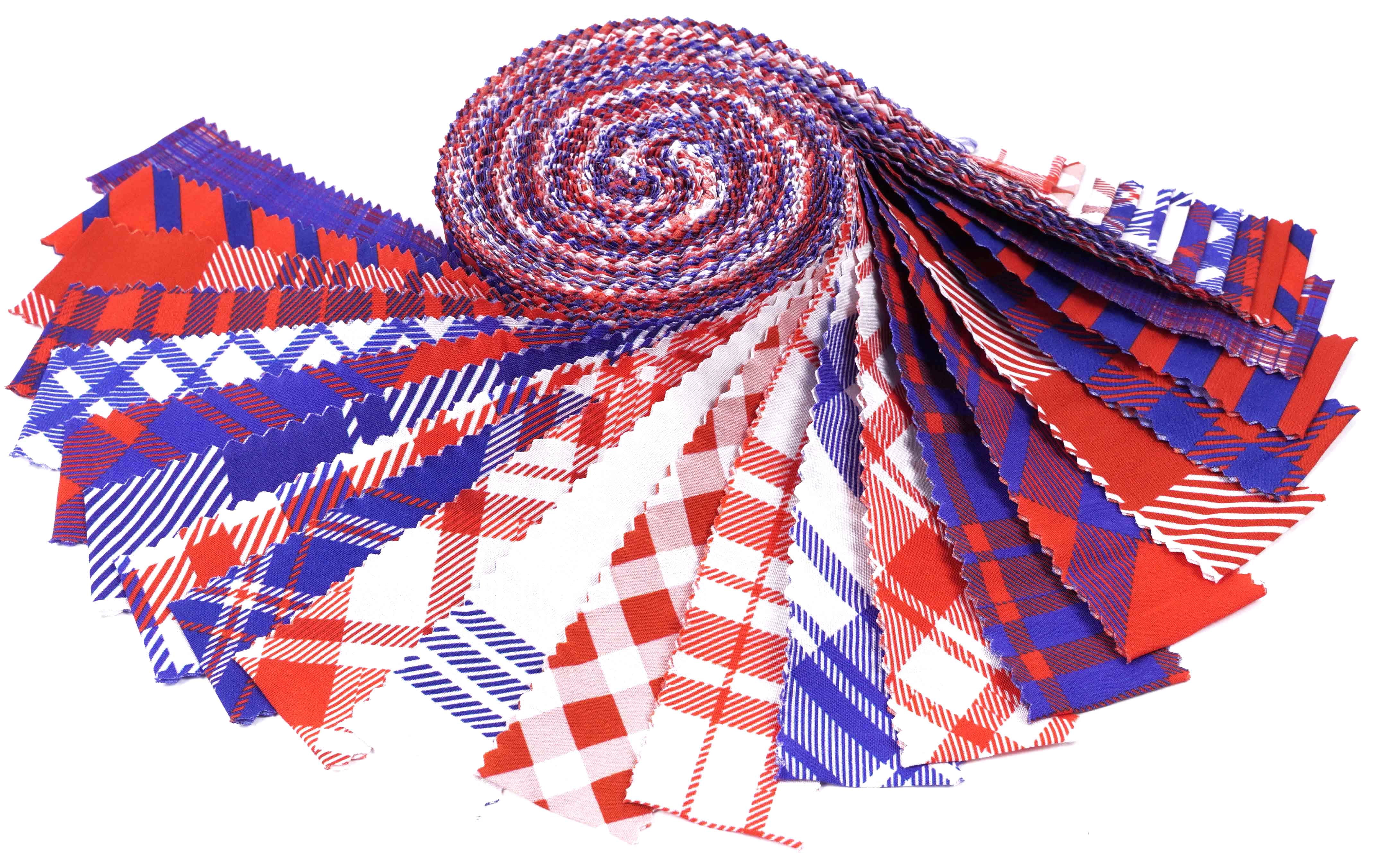 Soimoi 40Pcs Check & Tartan Print Precut Fabrics Strips Roll Up 1.5x42inches Cotton Jelly Rolls For Quilting - Red, Blue & White