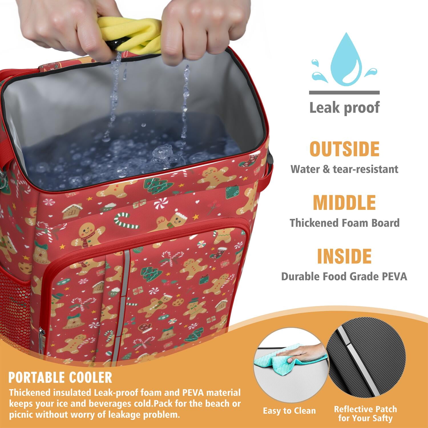 Travel Cooler Bag - Red Christmas Gingerbread Man Pattern Camping Beer Cooler Backpack with Bottle Opener- Waterproof Insulated Picnic Backpacks - Cooler Bag for Beach