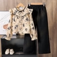 thumbnail image 3 of RUTAYY Girls Outfit Set Floral Print Ruffle Detail Stand Collar Long Sleeve Button Front Blouse Wide Leg Pants 2 Piece Children Set Khaki, 3 of 3