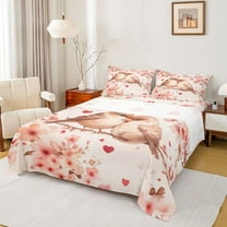Homewish Kawaii Couple Bird Twin Sheet Sets, Romantic Love Heart Twin Fitted Sheet, Pink Cherry Blossoms Flat Sheet, Lightweight Room Decor, 3 Pieces