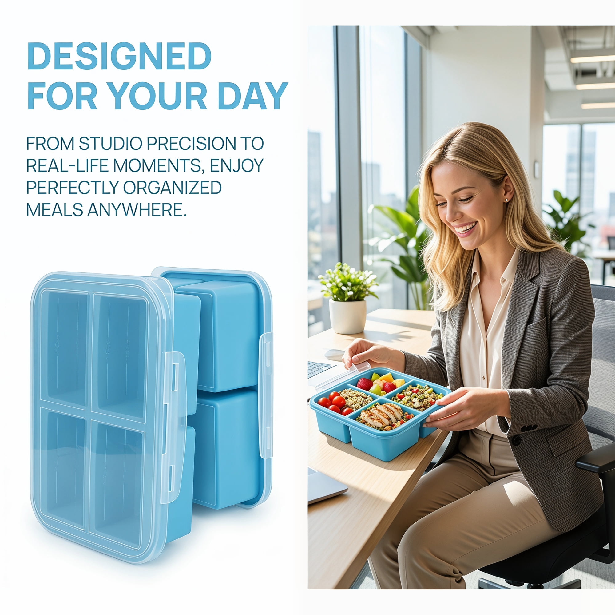 Unique Bargains Silicone Leak-Proof Meal Prep Container Lunch Bento Box Blue