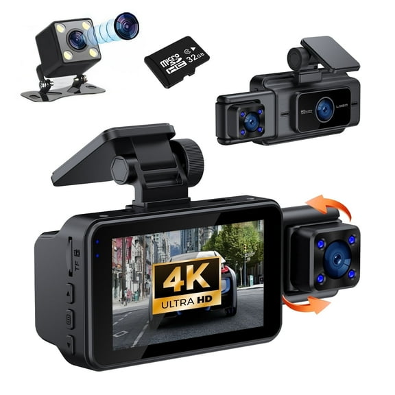 Dash Cam,4K 1080P Dash Cam Front and Inside with WiFi, 3.0 'IPS Screen Dash Camera with 32GB Card,170°Wide Angle,3 Channel Dash Cam Built-in G-Sensor,Loop Recording,WDR,Night Vision,24H Parking Moni