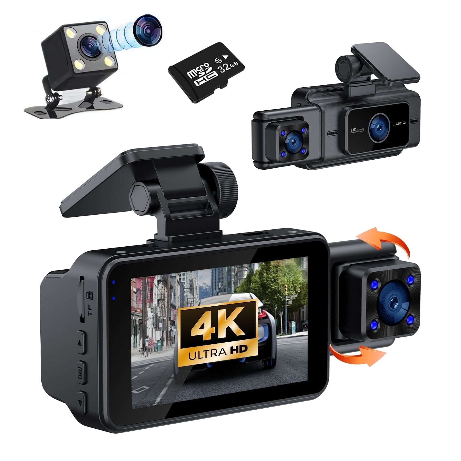 Dash Cam,4K+1080P Dash Cam Front and Inside with WiFi, 3.0 'IPS Screen Dash Camera with 32GB Card,170°Wide Angle,3 Channel Dash Cam Built-in G-Sensor,Loop Recording,WDR,Night Vision,24H Parking Moni