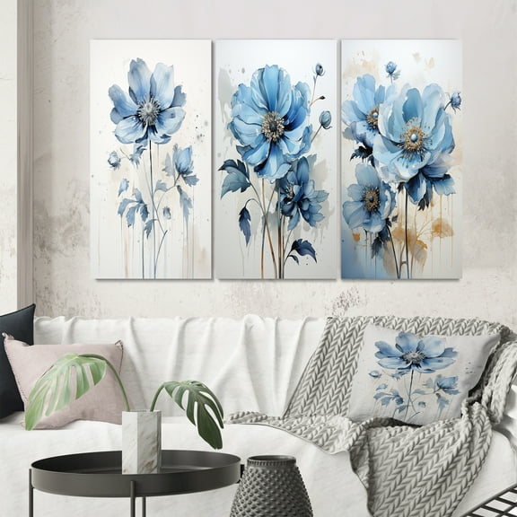Designart "Poppy Flower Blue Minimalism painting I" Floral & Botanical Wall Art Set Of 3 - Blue Flower Gallery Set For Office Decor