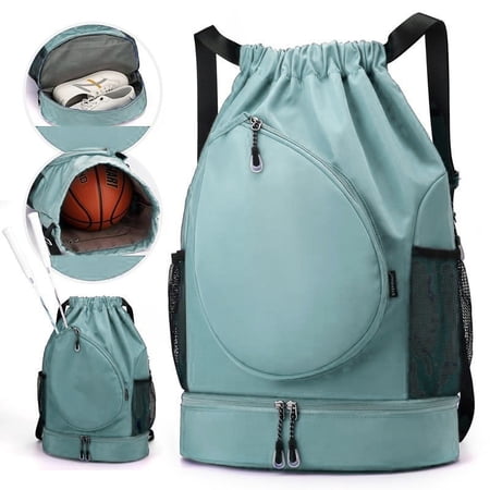 WANDF Drawstring Basketball Bag Badminton Backpack with Shoe Compartment Gym Bag for Men Women Sports Backpack for Pickleball Soccer Volleyball Pea Green