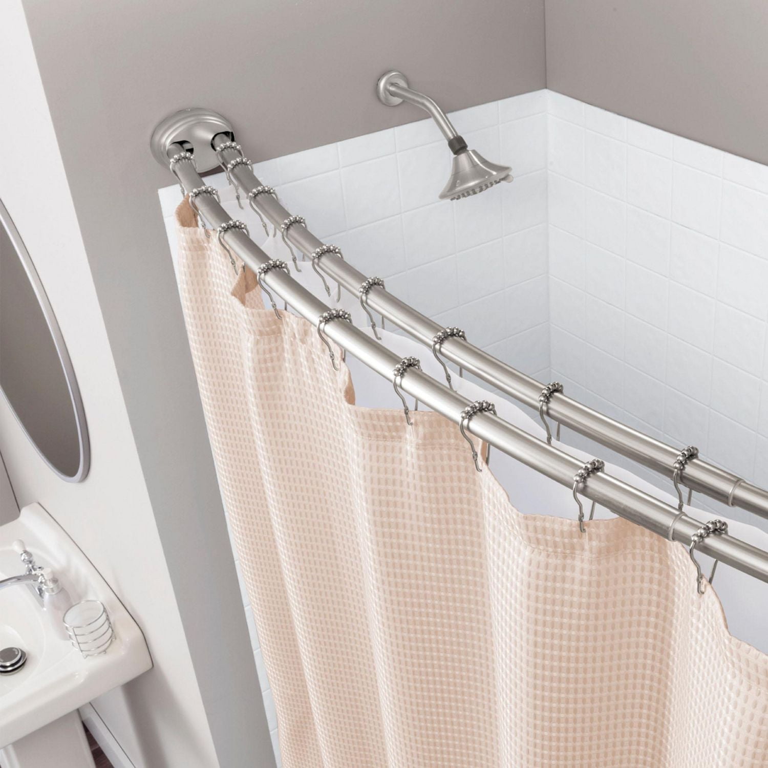 Mainstays Smart Rods Adjustable Double Curved Tension Shower Curtain Rod, 50" to 72", Brushed Nickel