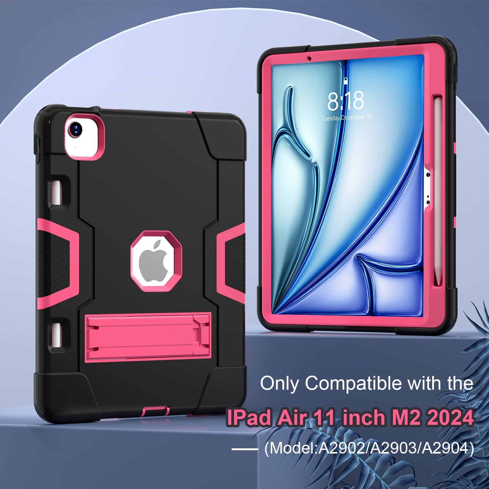 ELEHOLD for iPad Air 11 Inch Case 2024 Release, iPad Air 11 (M2) Case with Pencil Holder and Kickstand, Heavy Duty Shockproof Protective Cover,Black+Rose