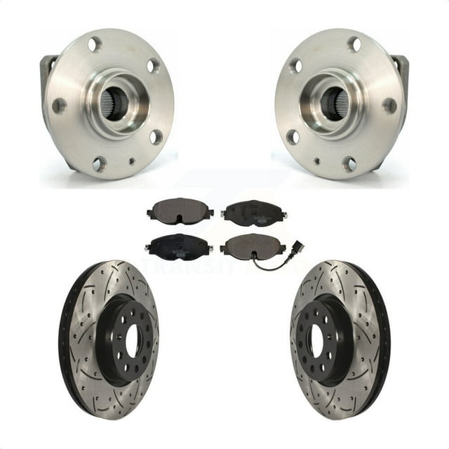 Transit Auto Front Hub Bearing Assembly Coated Drilled Slotted Disc Brake Rotors and Ceramic Pads Kit for Car 2017-2019 Volkswagen Golf Alltrack with 80mm Pilot Diameter KBB-103287