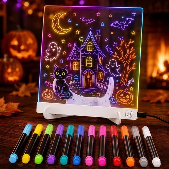 KOBAIBAN LED Drawing Board for Kids with 12 Markers & ABS Stand, USB Powered 7.9x7.9" Light Up Acrylic Dry Erase Board Halloween Toys for Kids 3 -12 Year Old Girl Boys, White