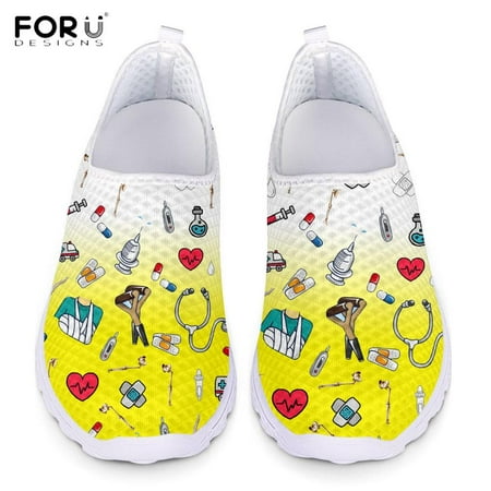 

FORUDESIGNS Cartoon Nurse/Premium Sketch Print Women s Casual Shoes Flats Beach Comfortable Mesh Slip-on Brand Women Sneakers