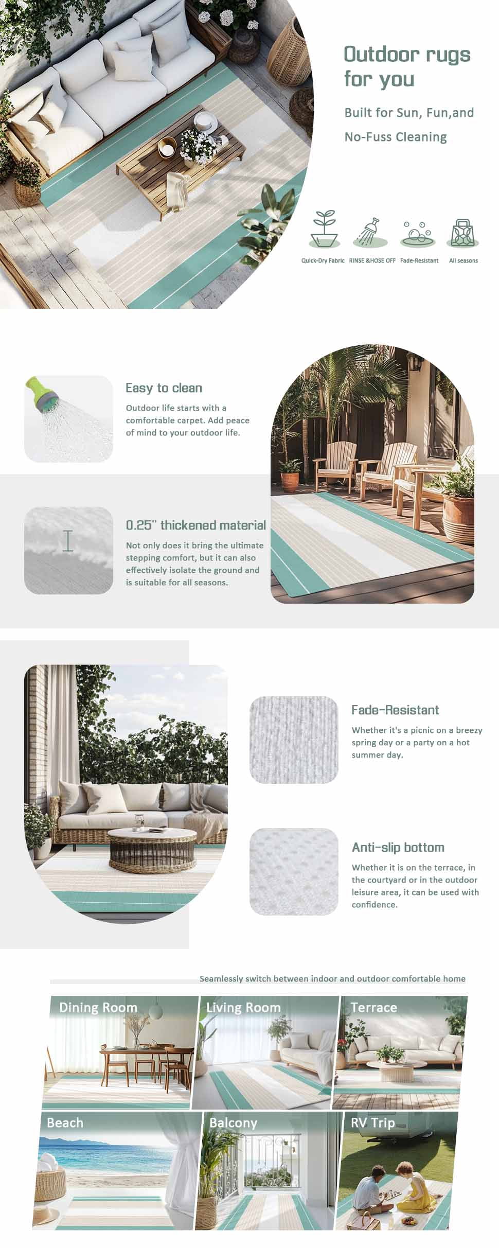 Turquoise Beige Stripe Outdoor Rug 3x5 Ft - Reversible Patio Rug Outdoor Camping Rugs, Modern Art Horizontal Striped Washable Indoor Outdoor Area Rugs, Non-Slip Outdoor Carpet Runner for Deck/Porch