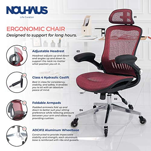 NOUHAUS Chaise d'Ordinateur en Maille ErgoFlip - Chaise de Bureau à Roulettes Noire avec Accoudoir Rétractable et Roues à Lames Chaise de Bureau Ergonomique, Chaises de Jeu, Chaise Pivotante Exécutive / Base Haute Spécification (Burgundy)
