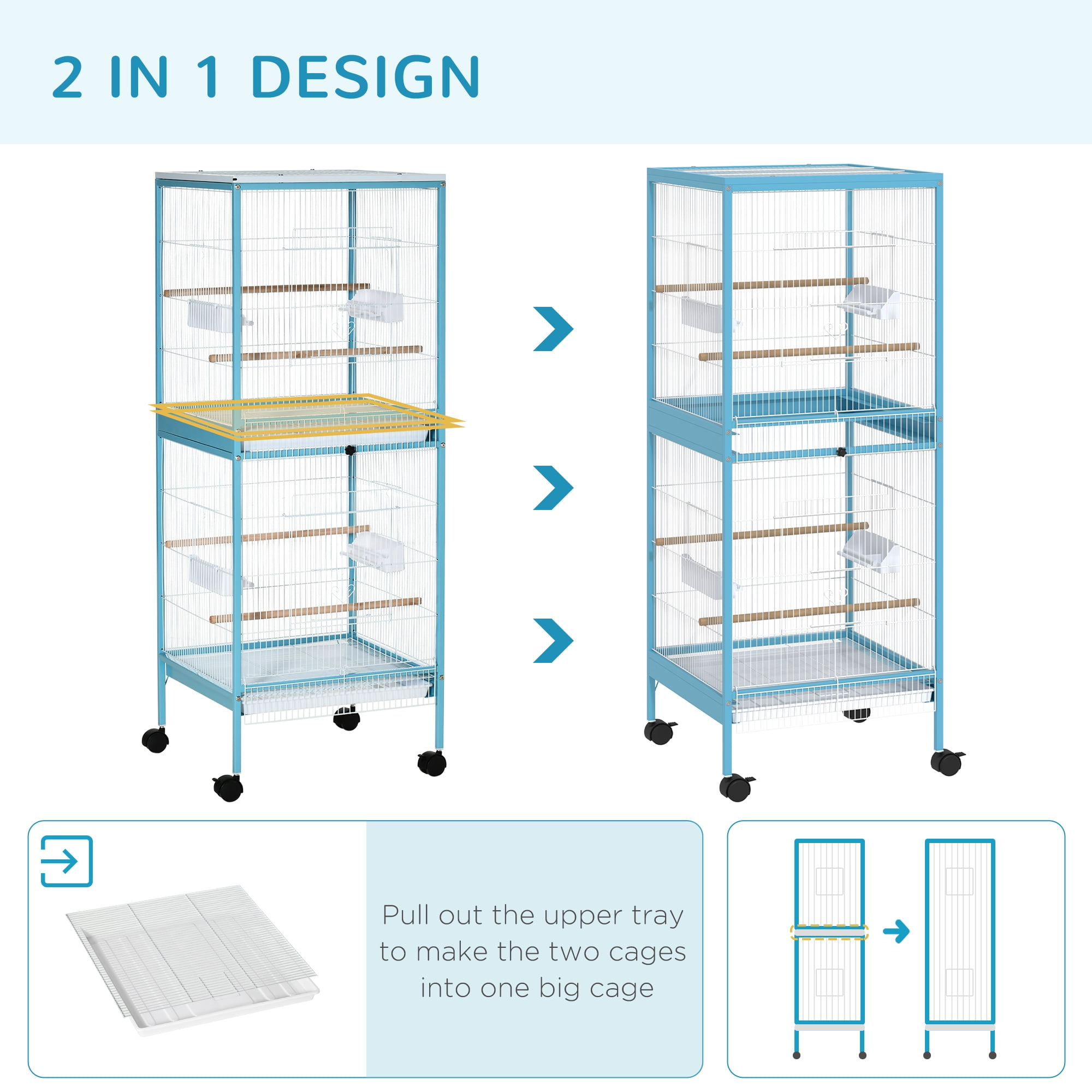 Large Bird Cage with 1.7 ft. Width for Wingspan, Bird Aviary Indoor with Multi-Door Design, Fit for a Canary, Finch, Conure, 55", Light Blue