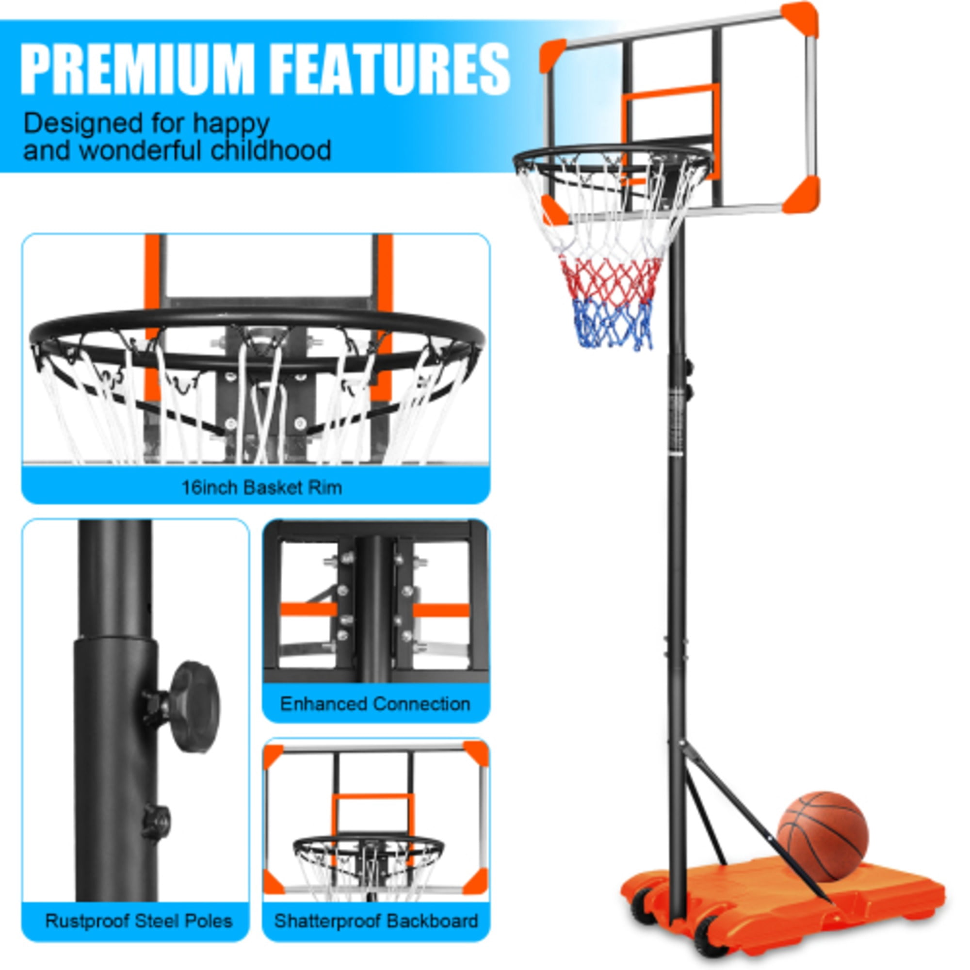 Portable Basketball Goal with Stable Base and Wheels for Teenagers, 28 Inch Height Adjustable 5.6 to 7ft Basketball Hoop Orange