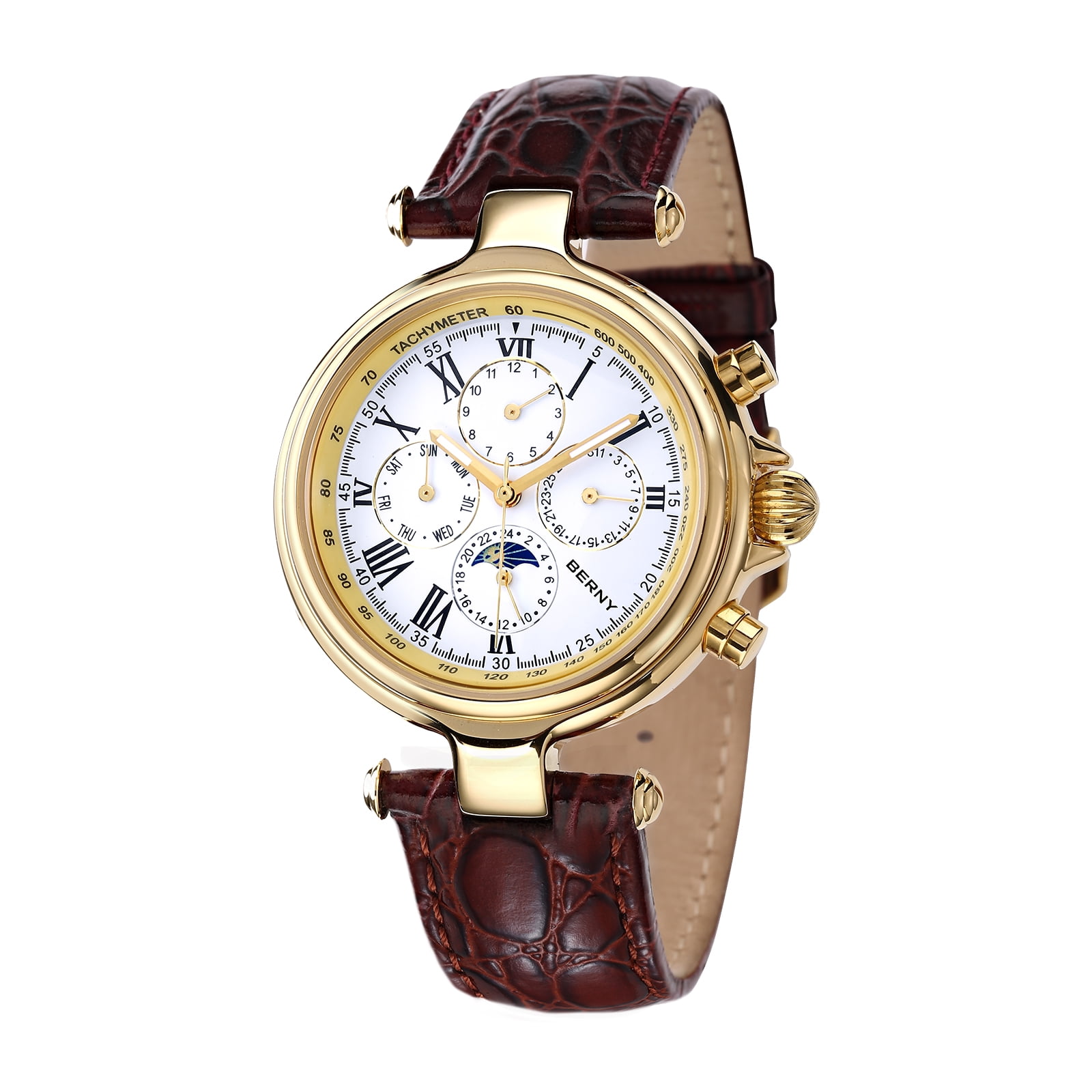 BERNY Automatic Watch for Men Classic Mechanical Self Winding Wristwatch 3ATM Waterproof Multi-Functional Dials Date, Week, Month and Moon Phase