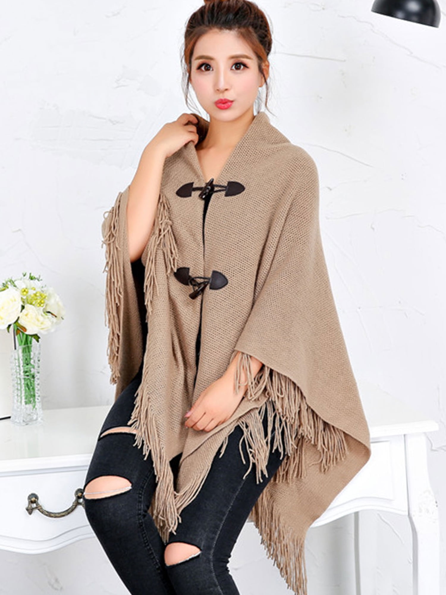 Beautiful Nomad Knit Poncho Pullover Shawl Wrap Sweater for Women
