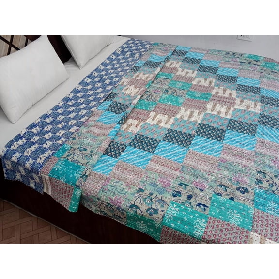 Reversible Patchwork Floral Reversible Kantha Bedding Floral Print Kantha Throw Queen Quilt Cotton Light Weight Winter Summer bedding