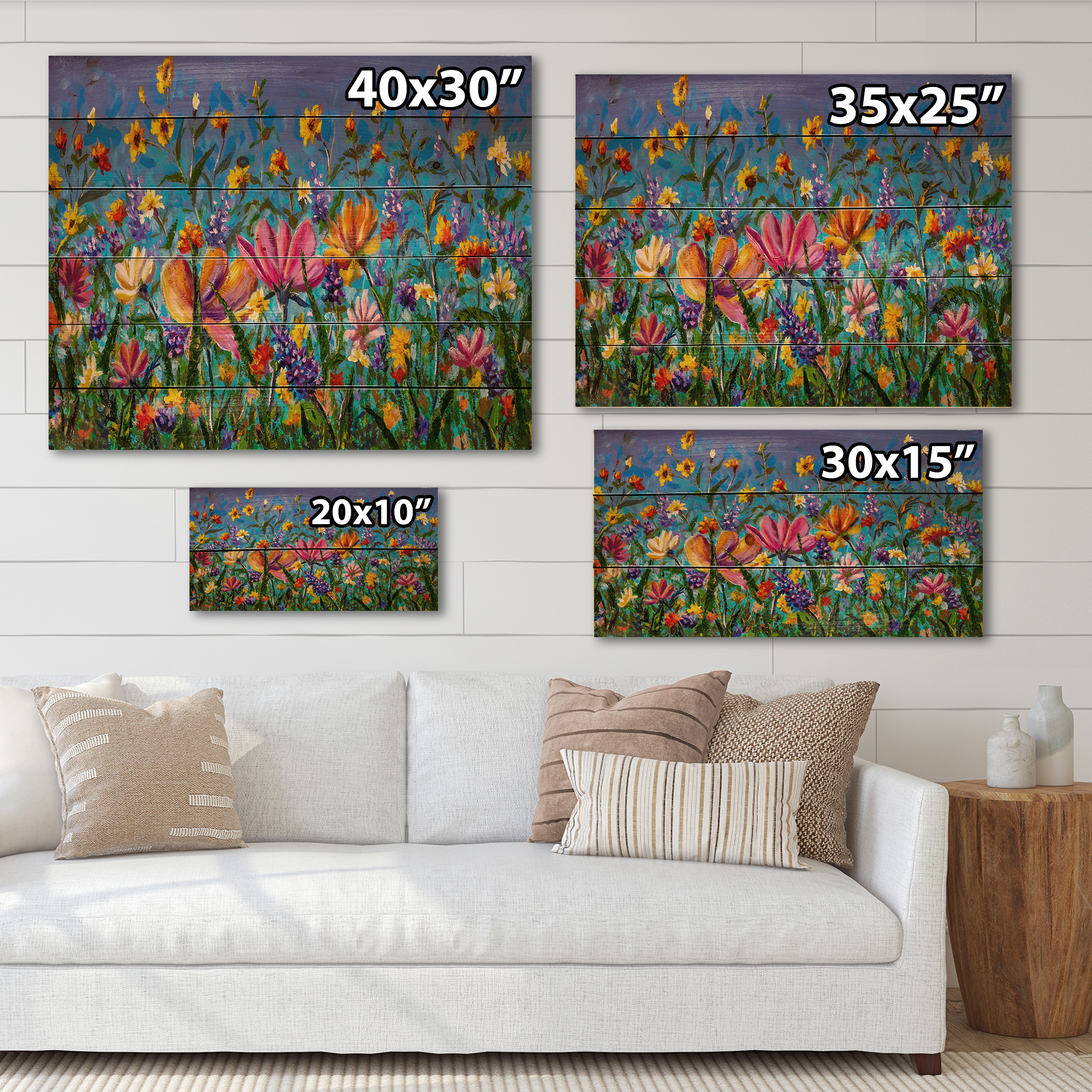 Designart 'Wildflowers and Daisies In Summer Garden Field I' Traditional Print on Natural Pine Wood
