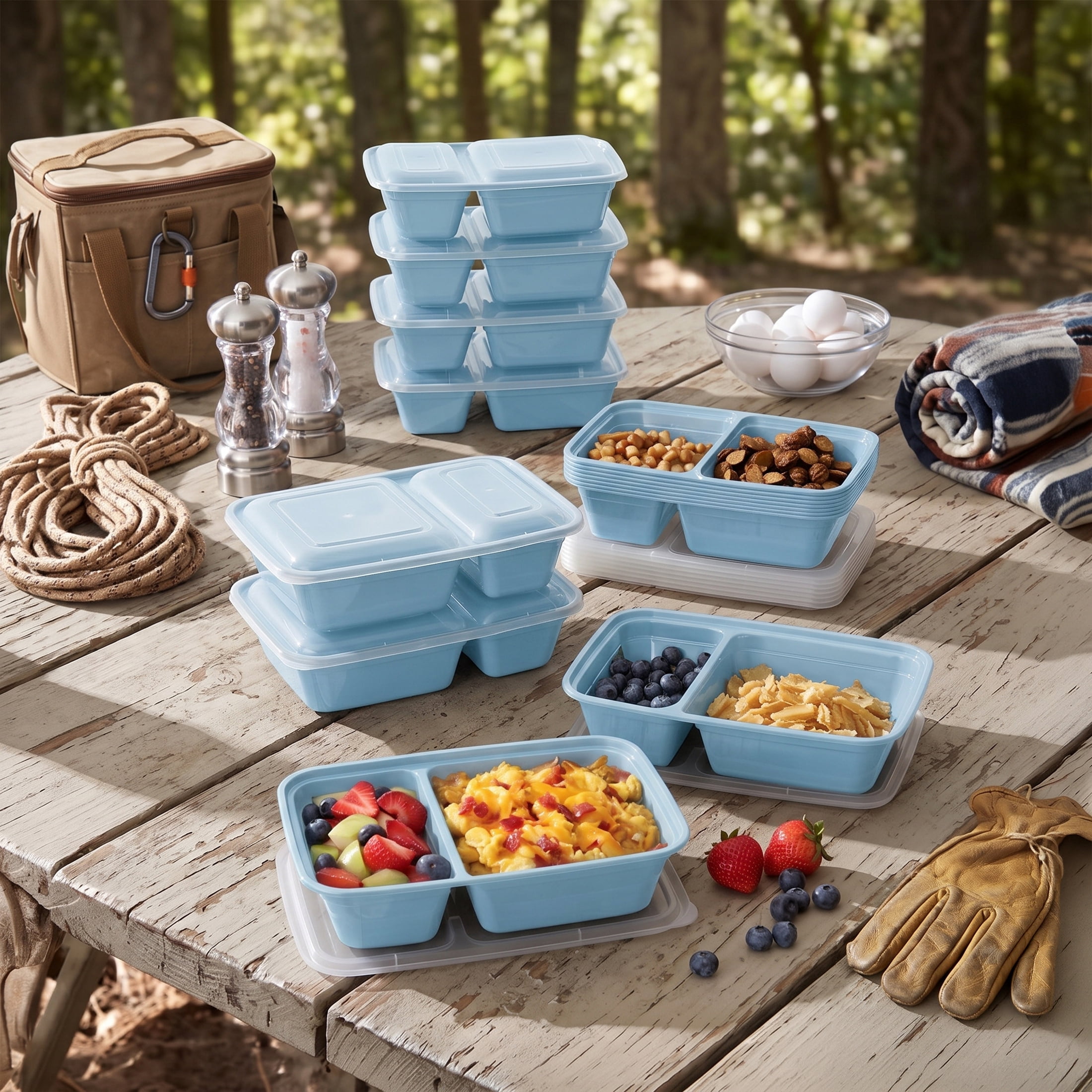 Mainstays 15-Pack 2-Compartment BPA-Free Meal Prep Food Storage Containers, Blue Cameo