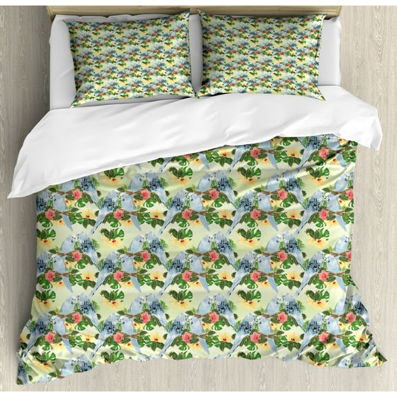 Hibiscus Duvet Cover Set King Size, Composition of Floral Elements and Budgerigars Birds, Decorative 3 Piece Bedding Set with 2 Pillow Shams, Coral Pastel Green Fern Green Blue Grey, by Ambesonne